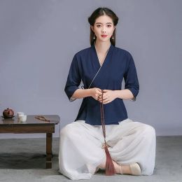 Nouveau Tai Chi Uniform Tang Suit Hanfu Style chinois Zen Suit Summer Retro Femmes Thé Suit Traditional Chinese Clothing For Women