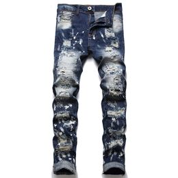 Nieuwe gescheurde patch heren slanke denim jeans blauwe geborduurde strakke stretch mannelijke broek pantalones Hombre