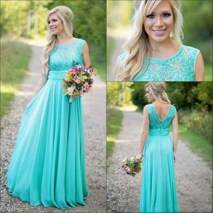 Novos vestidos de dama de honra Teal Country Scoop A Line Chiffon Renda V Backless Vestidos Longos Baratos para Damas de Honra para Casamento