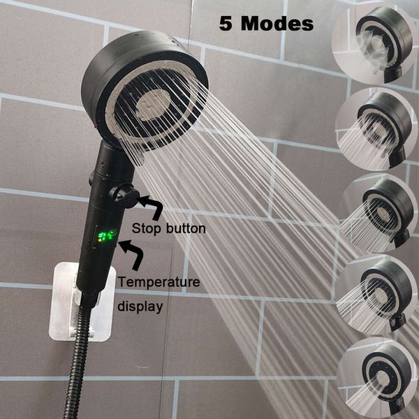 Nuevo cabezal de visualización de dígitos de temperatura, 5 modos, parada de una tecla, ducha de mano, filtro de ahorro de agua de alta presión, cabezal de ducha de baño