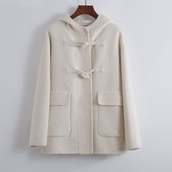 Nouveau Th * Row manteau de laine Long bouton de bambou à capuche manteau de laine Double face