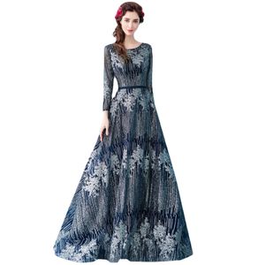 Nieuw The Banquet Luxury Evening Dress Navy Blue Long Sheeved Shiny Bling Bling Party Formal Jurk Robe de Soiree