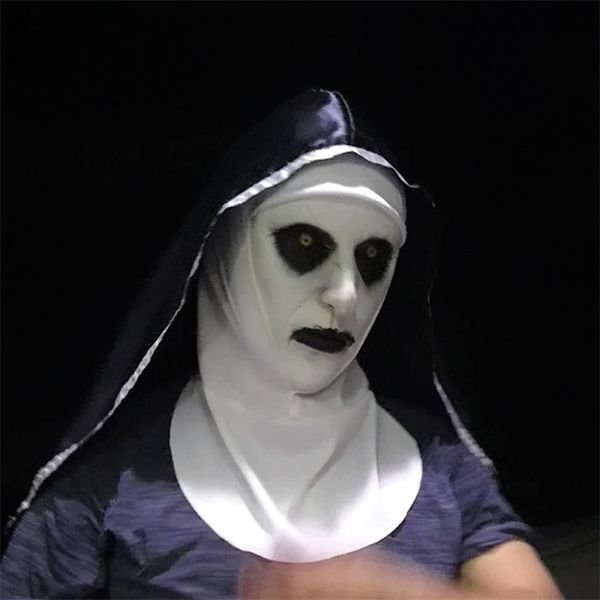 Nouveau Le masque d'horreur Nun Cosplay Valak Masques effrayants en latex avec foulard Casque intégral Halloween Party Props T200703