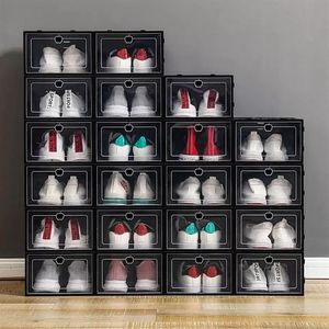 NIEUWE!!! Thicken Plastic Shoe Boxes Duidelijke stofdichte schoen opbergdoos Transparante Flip Snoep Kleur Stapelbare Schoenen Organizer Dozen BES121