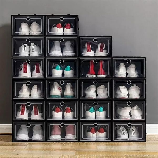 NOUVEAU!!! Épaissir les boîtes à chaussures en plastique clair anti-poussière boîte de rangement de chaussures Transparent Flip bonbons couleur empilable chaussures organisateur boîtes en gros PRO232