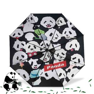 Nouveau trois pliant portable mignon panda illustration parapluie pluie femmes parasol hommes enfants parapluie ensoleillé / pluvieux parasol 210401