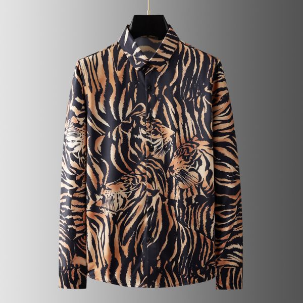 Nouveau tigre imprimé hommes chemises de haute qualité longue Leeve quatre saisons Smart décontracté hommes chemises Slim Fit fête homme chemises 3XL