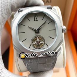 Nouveau boîtier en acier titane Octo Finissimo Tourbillon 103016 cadran gris Miyota automatique montre pour homme bracelet en cuir gris montres pour hommes Hello_watch