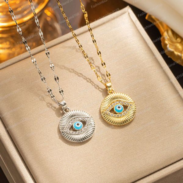 Colliers en acier titane pour femmes, yeux bleus, pendentif rond, lunettes pour femmes, collier, bijoux, nouvelle collection