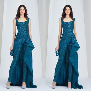 Nieuwe Tony Ward Jumpsuits Arabische Avondjurken Ronde Hals Pantsuit Plus Size Sequined Prom-jurken Volledige kanten kralen Formele feestjurk