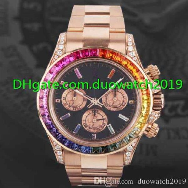 Top qualité 40mm hommes montres 116595 RBOW arc-en-ciel sans chronographe diamant lunette cadran noir bracelet en or rose mécanique automatique M296Z