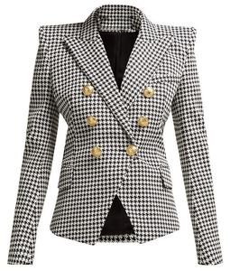 Nieuwe topkwaliteit origineel ontwerp dames klassieke Houndstooth dubbele borde slanke jas metalen gespen blazer pak kraag uit het afsloten