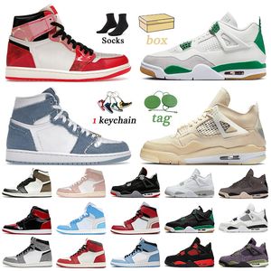 Met doos Jumpman 1 4s basketbalschoenen Denim Starfish 1s Lost And Found Washed Pink Pine Green Retros 4 Military Sail White Black Cat Dark Mocha sportschoenen sneakers