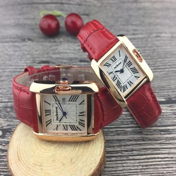 Nouveau Top qualité femmes rouge marron montre en cuir mode horloge décontractée cadran rectangulaire homme montres de luxe amoureux montre dame classi281t