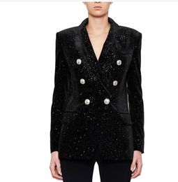 Nuevo Blazers de terciopelo de alta calidad para mujer, famoso diseñador, cruzado, ajustado, chaqueta de lentejuelas con estrella del cielo, hebillas plateadas, cuello de solapa, abrigos de gran tamaño para exteriores 2XL