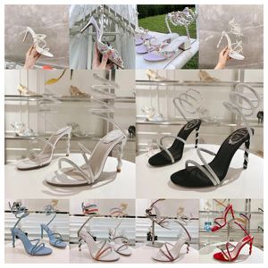 Nieuwe top Rene Caovilla High Heel Sandals Fashion Riinestone Decoratie Luxe designer schoenen 9,5 cm hakken dames satijnen slang gewikkelde vlinderbloem open teen bruiloft