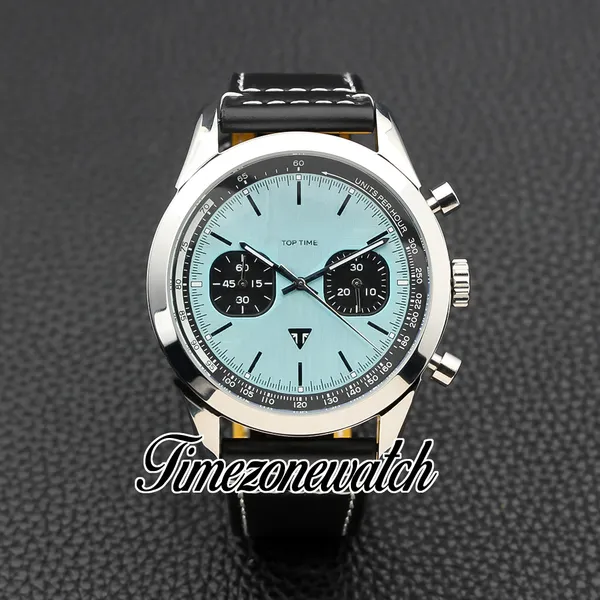 Nouveau Top Time Quartz Chronographe Montre Homme AB01764A1C1X1 Boîtier en acier Cadran bleu glace Marqueurs de bâton Bracelet en cuir noir Chronomètre 46 mm Montres Timezonewatch Z12b