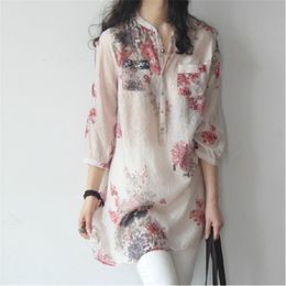 Nuevos tops y blusas con cuello en v camisas de mujer estampado floral blusa vintage ropa de mujer top manga larga verano más tamaño completo 210317