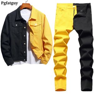 Nouveaux survêtements bicolores coutures ensembles pour hommes printemps automne veste en jean jaune et noir et jean extensible 2 pièces vêtements masculins 2191