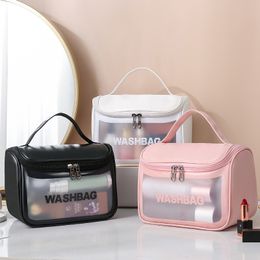Nouveau sac cosmétique transparent sac de toilette givré Pu Flip Bath Bath PVC Sac de rangement portable translucide pour femmes