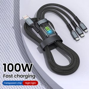 Nieuw transparant LED-nachtlampje Snel opladen Ondersteunt 100 W 3 in 1 USB-oplader Mobiele telefoon Type C Datakabel voor Iphone Macbook Samsung Xiaomi Huawei