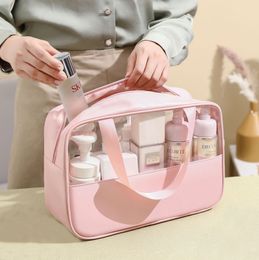 New Transparent Makeup Wash Bag Portable Pu Bath Bag Waterproof Large Capacity Storage Bag Pvc Splicing Cosmetic Bag