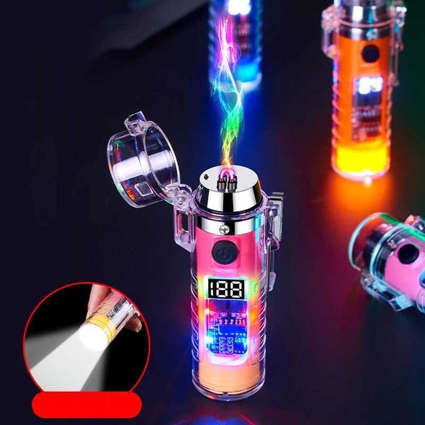 Briquet Transparent étanche à double Arc Plasma, chargeur USB, sans flamme, coupe-vent, outil essentiel d'extérieur pour hommes