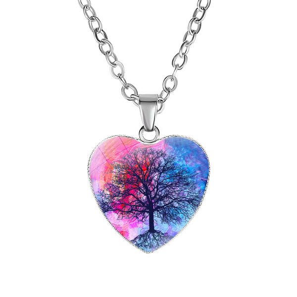 Nuevos collares de árbol de la vida para mujer, cabujón de cristal con forma de corazón, colgante de planta, cadenas de plata, regalo de joyería de moda