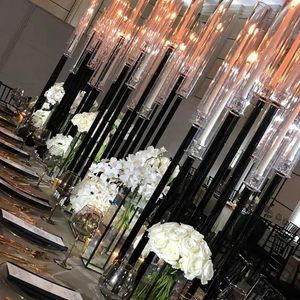 Nieuwe trend zwarte hoge acryl tafelkandelaar met lange steel, bruiloft middelpunt, kristallen buiskandelaar te koop 197
