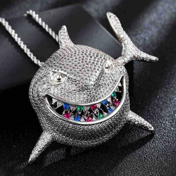 Nouveau à la mode 18K plaqué or blanc complet Bling glacé CZ grand requin pendentif collier pour hommes femmes mode Bar DJ Hip Hop bijoux