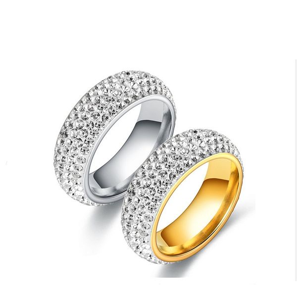 Nuevo anillo de moda de 5 filas de diamantes, joyería de acero inoxidable chapada en oro y plata para regalo de mujer