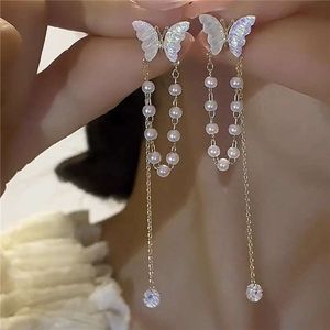 Nieuwe trendy Aurora Butterfly Pearl Instagram-oorbellen, elegante lange stijl Super onsterfelijke kwast Sier naaldoorbellen