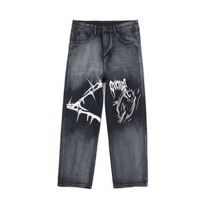 Nouvelle marque à la mode All-Match Hong Kong Style Graffiti Dégradé Impression Jeans Teen Jeans Lâche Pantalon décontracté à jambe droite X0621