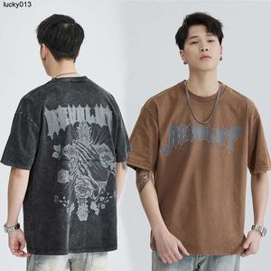 Nueva marca de moda, camiseta de manga corta con cuello redondo y estampado de letras rojas para hombre, medias mangas de punto de algodón puro desgastadas holgadas