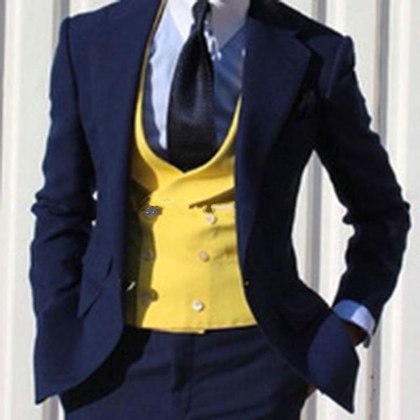 Nouveau Design à la mode bleu marine Tuxedos de marié garçons d'honneur cran revers meilleur homme costumes costumes de mariage pour hommes (veste + pantalon + gilet + cravate) 1016