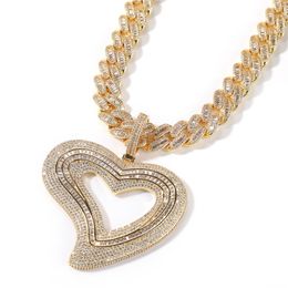 Nueva moda chapado en oro Bling CZ collar con colgante de corazón grande con cadena de cuerda de 24 pulgadas para hombres y mujeres