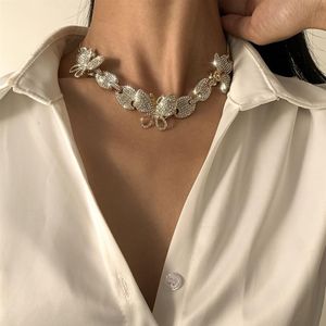 Nouveau designer ins à la mode plein diamant zircone strass joli papillon 3d mode femme déclaration collier ras du cou or argent270r