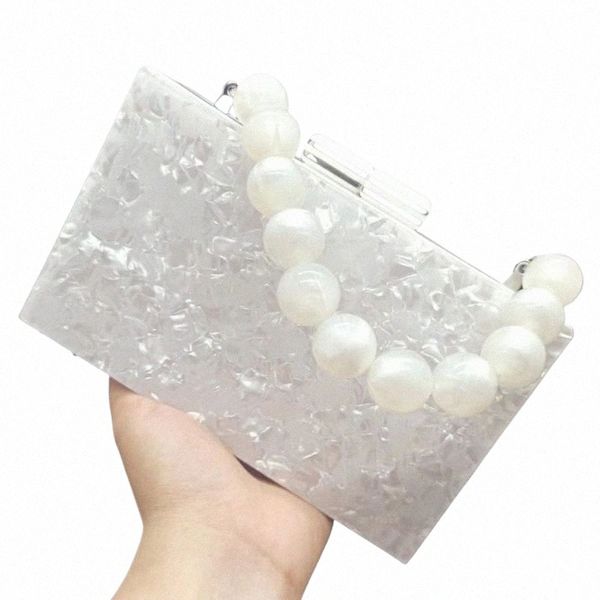 Nuevo bolso de noche de fiesta de lujo de moda mujer casual caja linda bolso de embrague perla blanca cadena de cuentas viaje hombro menger bolso e2qz #