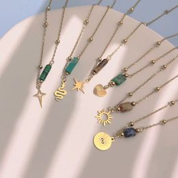 Nouveau à la mode pierre naturelle en acier inoxydable chaîne collier serpent coeur soleil pendentif colliers pour femmes cadeau