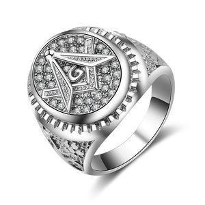 Nouveau anneau d'or noir en argent unique Micro pave cristal CZ en acier inoxydable Freemasonry Compass Square Custom Masonic Mason Emblem Signes bijoux