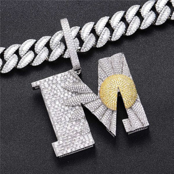 Nouveau à la mode blanc plaqué or Full Bling CZ lettre M pendentif collier pour hommes femmes mode Bar DJ Hip Hop bijoux