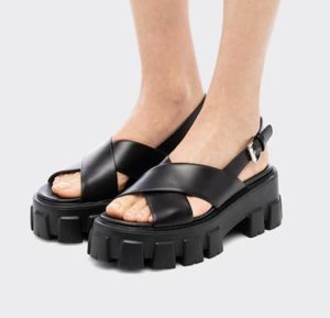 Nouvelle boucle triangle noir femmes noir blanc sandale compensée sandales à plateforme monolithe chaussures en cuir slingback chaussures de luxe brossées dame cool chaussures eu35-42 boîte