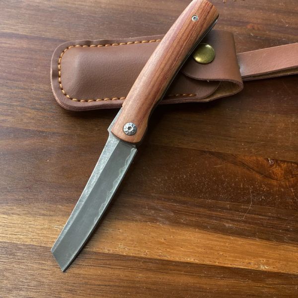 Nuevo Triple acero Tanto / Drop Point Blade Mango de sándalo rojo Cuchillo de bolsillo plegable con funda de cuero Cuchillos de supervivencia Herramientas EDC portátiles para acampar