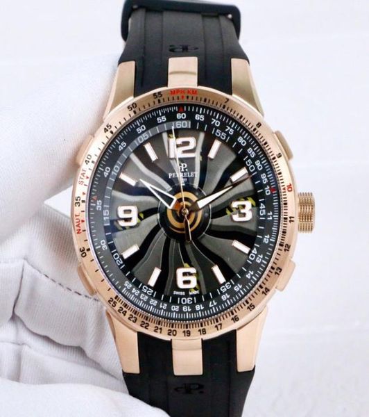 NOUVEAU TURBINE pilote A10851 Rose Gold Case Titanium Calan Titanium Mentise Automatique TachymEter Scale apparaît apparaît en caoutchouc noir HE2551105