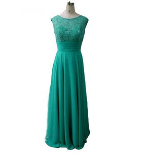 Nieuwe turquoise chiffon lange bruidsmeisje jurken juweel op maat gemaakte vloerlengte kant en chiffon bruidsjurken jurken zip terug