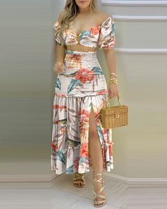 NUEVO DOS PIEZAS 2024 Summer Fashion Fashion Holiday Floral O Neck Top Top Shirr Slit Women de cintura alta Maxi Sets 230509