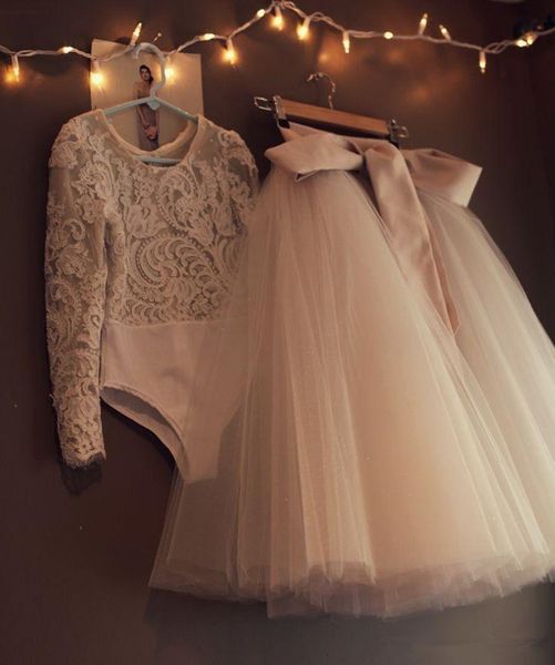 Nouveau Deux Pièces Robes De Soirée Pas Cher Tutu Tulle Ruban Dentelle À Manches Longues Robes De Bal Longueur De Thé Modeste Robes Formelles Robes De Soirée De Soirée