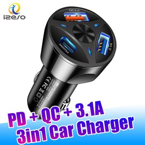 3 puertos Multi USB PD Cargador de coche 55W Adaptador de carga rápida QC3.0 Carga rápida de coche para iPhone 14 Pro Max Samsung Huawei izeso