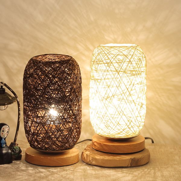 Nouveau Design Unique Bois Rotin Ficelle Boule Lumières Lampe De Table Chambre Maison Art Décoration Bureau Lumière Pleine Lumière Ombrage