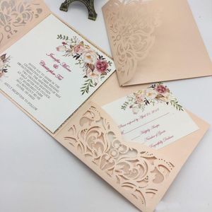 Nuevo estilo, tarjetas de invitación de boda con corte láser único, tarjeta de invitación nupcial con flor hueca personalizada de alta calidad